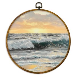 XPH Ocean Beach Sunset Round Wall Art Framed, Minimalist Abstract Modern Coastal Circle Wall Decor, Nautical Coastal Hanging Canvas Prints for Beach Room Lake House Decoration, 10x10 Inch 305