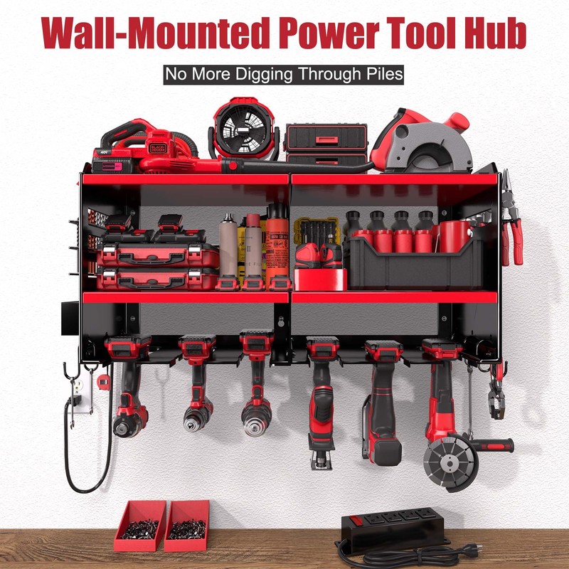 Spampur Power Tool Organizer Wall Mount with 4-Outlet Power Strip,