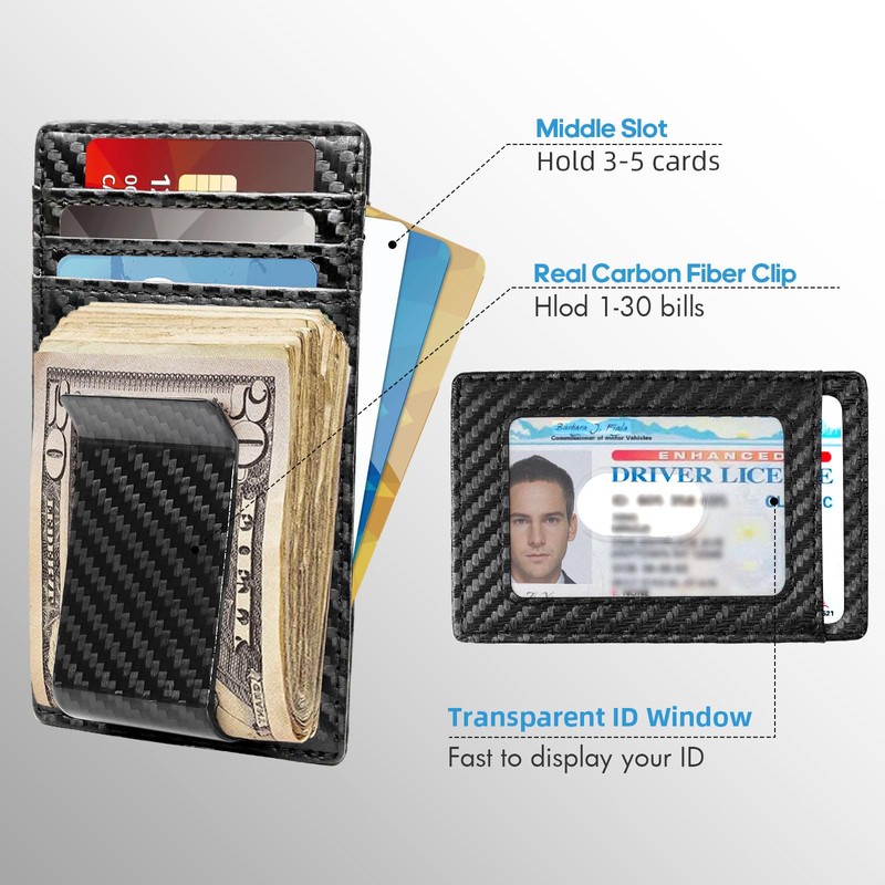 Travelambo Money Clip for Men Carbon Fiber Clip Wallet Leather