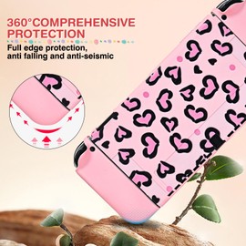 DLseego Case for Switch OLED, Heart-Shaped Print, Soft Switch OLED Protective Case with 2 Joycon Shells and 4 Switch Thumb Grip Caps, Pink Switch OLED Case