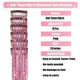Aokomisu Hair Tinsel Pack of 18 Pcs Hair Tinsel Clip in 20 Inch Clip in Hair Tinsel Pink Glitter Tinsel Hair Extensions Fairy Hair Tinsel Clips Hair Accessories for Girls Kids Women (Pink-18 Pcs)
