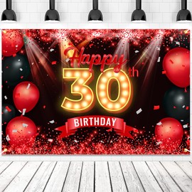 Happy 30th Birthday Banner Backdrop Red and Black 30 Years Old Background Bday Decorations for Women Men Photography Party Supplies Glitter