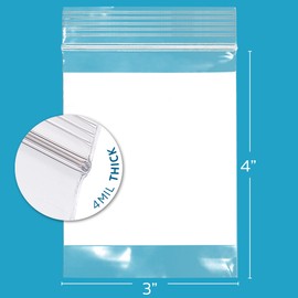 GPI - 3" X 4" - Bulk Case of 1000, 4 Mil Thick, Heavy Duty, Clear Plastic Reclosable Zip Bags, with Write-on White Block for Labeling, Strong & Durable Poly Baggies with Resealable Zipper Top Lock.