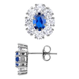 Silvershake Created Blue Sapphire White Gold Plated 925 Sterling Silver Flower Cluster Stud Post Earrings September Gemstone Birthstone Jewelry for Women