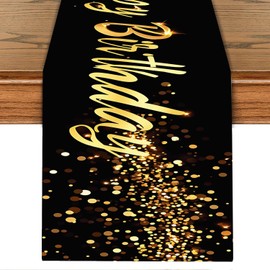 Elegant Black and Gold Happy Birthday Table Runner – 13x72 Inch Birthday Table Decor with Glitter Design, Modern Party Decoration for Dining Table, Buffet, or Celebration Setup