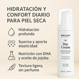 BRUDY Cosmetics Feuchtigkeitsspendende Tages-Gesichtscreme für trockene Haut – Tiefenernährung mit Hyaluronsäure, DHA und Pflanzenölen – Antioxidationsschutz mit Vitamin E – leichte Textur, 50 ml