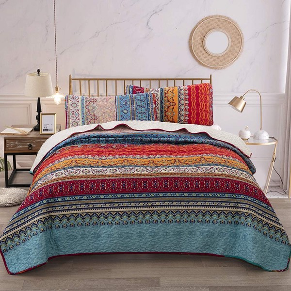 WONGS BEDDING Bohemian Quilt Set Queen, Boho Striped Pattern Printed Bedspread Coverlet Set for All Season, Microfiber Lightweight Bedspread for Summer 96"x90"(3 Pieces, Colorful)