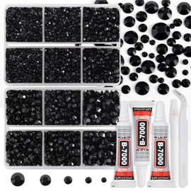 ELEEGEM Resin Rhinestones Kit for Crafts,8400 pcs Black Flatback Rhinestones Mixed 5 Sizes 2mm-6mm with B7000 Glue Tweezers and Wax Pencil for Fabric Tumblers and Clothes