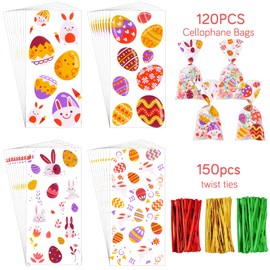 DIYDEC 120pcs Easter Cellophane Candy Bags,Bunny Egg Clear Treat Sweet Goody Bags with Twist Tie for Easter Party Supplies