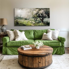 crmotu Cherry Blossom Landscape Wall Art, Animal Sheep Farm Large Artwork, Forest Meadow Scenery Canvas Painting, Rustic Nature Pictures Wall Decor Living Room Bedroom Farmhouse Cottage 24X48 In
