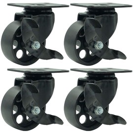 FactorDuty 4 All Black Metal Swivel Plate Caster Wheels w/Brake Lock Heavy Duty High-gauge Steel (3" with Brake)