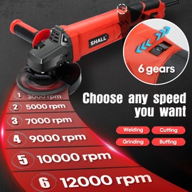 SHALL Angle Grinder Tool 7.5Amp 4-1/2 Inch, 6-Variable-Speed Grinders Power Tools, Electric Metal Grinder 12000 RPM w/ 2 Safety Guards, Cutting Wheels, Flap Discs, Non-Slip Handle for Metal/Wood