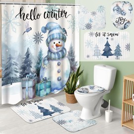 Teenyyou 4 Pcs Christmas Shower Curtains Set with Non Slip Rug Winter Christmas Bathroom Decor Toilet Lid Cover and Bath Mat Snowman Shower Curtain with 12 Hooks for Xmas Bathroom Decor(White,Fresh)