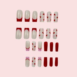 24 Pcs Valentines Heart Press on Nails Short Medium Fake Nails with Pink Heart Design Square False Nails French Tip Nails Press on Holiday Glue on Nail Pink Full Cover Stick on Nail for Women
