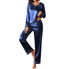 Ekouaer Silk Pajama for Women Long Sleeve Satin Pj Set Two Piece Soft Sleepwear Loungewear Navy Blue M