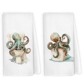 Pugwak Funny Octopus Kitchen Dish Towels 16x24 Inch Set of 2, Vintage Nautical Beachy Ocean Animal Decor, Humorous Octopus Decorative Hand Towel Tea Towels for Kids Nursery Bathroom