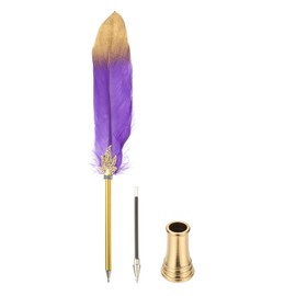 PATIKIL Feather Pen Quill, Feather Ballpoint Pen Bulk Refined Vintage Feather Calligraphy Pen with Golden Pen Holder for Guest Signature Wedding Bridal Office Writing, Purple