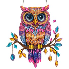 SKRYUIE Hanging Diamond Art Kits for Adults Pendant Owl, Special Shaped Crystal DIY Diamond Painting Kit, Acrylic Board Wreath Pendants Double Sided, Home Decor 7.48 x 7.32 Inch x14
