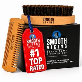 Beard & Mustache Brush and Comb Kit - Boar Bristle Beard Brush & Wooden Grooming Comb - Facial Hair Care Gift Set for Men - Distributes Products & Wax
