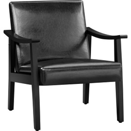 Yaheetech PU Leather Accent Chair, Mid-Century Modern Armchair with Solid Wood Legs, Reading Leisure Chair with High Back for Living Room Bedroom Waiting Room, Black