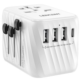 LENCENT Universal Reiseadapter, Internationaler AC Stecker Adapter mit 3 USB A Ports 1 Typ C PD Wandladegerät Weltweiter Reiseadapter für US nach EU UK Irland Australien (Typ C/G/A/I), Weiß