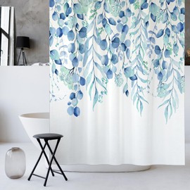 KAIRA Fresh Style Blue Eucalyptus Shower Curtain, Watercolor Plant Leaves with Floral Bathroom Shower Curtain,72 x 72 Inches, Easy to Clean Waterproof Polyester Fabric Includes 12 Hooks