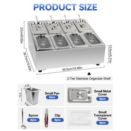 Lanstics 8 Pans Spice Rack Shelf 2 Row Stainless Steel Spice Organizer Stand with Lids Spoons Countertop Inclined Holder Buffet Containers Set for Sauce Jam Fruits Ingredient Kitchen Restaurant Pantry