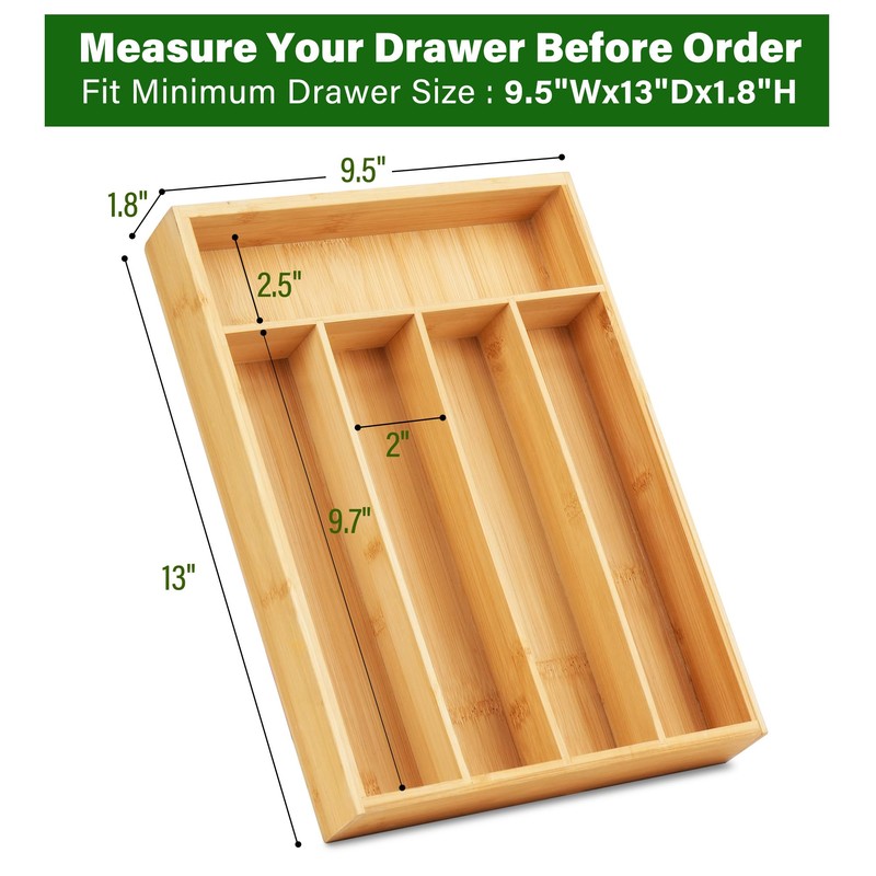LotFancy Bamboo Kitchen Drawer Organizer, 9.5 Inch Silverware Tray for
