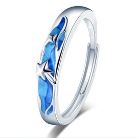 VIKILEE Women's Rings S925 Sterling Silver Rings with Stars and Blue Sea Waves Inlay Adjustable Size Gift for Girlfriend Anniversary Wedding Rings, Silver