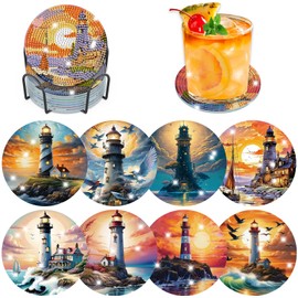 Lxmsja 8 Pieces Diamond Painting Coasters Lighthouse with Holder, Diamond Painting Landscape, Diamond Painting Pictures Adults, Diamond Cup Coasters with Cork, Craft Creative Set for Adults