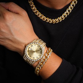 Halukakah Men's Diamond Gold Watch, 18 K Real Gold-Plated/Platinum White, 42 mm Round Design, Bracelet with Hand-set Laboratory Diamonds (24 cm), Cuban Link Chain (20 + 45 cm Necklace Bracelet) with