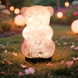 Solar Lights Outdoor, Cracked Glass Bear Lights for Garden, Outside, Decorative LED Decorations for Patio and Yard Lawn Backyard Decor, Waterproof, Pink