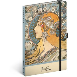 NOTIQUE Alphonse Mucha Zodiak Polka Dot Notebook with Elastic Band, 13 x 21 cm, Approx. A5, Designer Hardcover Notebook Dotted, Notepad, Journal, Diary for Adults, Women