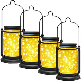 Solar Mason Jar Lights,4 Pack 30 Led Fairy Hanging Jar Lights,Solar Lanterns for Outdoor Patio Party Garden Wedding Decor Lights(Mason Jars/Handles Included)