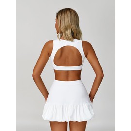 2 Peice Tennis Dress for Women Compression Sleeveless Cutout Sports Bra and Bubble Skirt Active Yoga Golf Outfits White