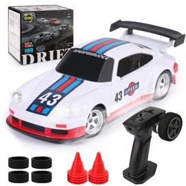 VoleRusher RC 1/43 Scale Mini RC Drift Car with Gyroscope - Micro Small with Full Proportional RTR 2.4GHz Remote 2 Tire Sets 8 Cones, High Speed Desk with LED Lights - White Red