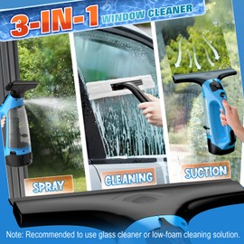 3 in 1 Rechargeable Window Vacuum Squeegee Cordless with 10 inch Blade, Window Cleaner for Efficiently Spraying, Wiping and Vacuuming Windows, Mirrors, Shower Glass, Tiles and Countertops, Blue