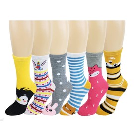 6 Pairs Novelty Design Crew Socks, Christmas Holidays Crazy Fun Colorful Fancy Design (Animal Print)