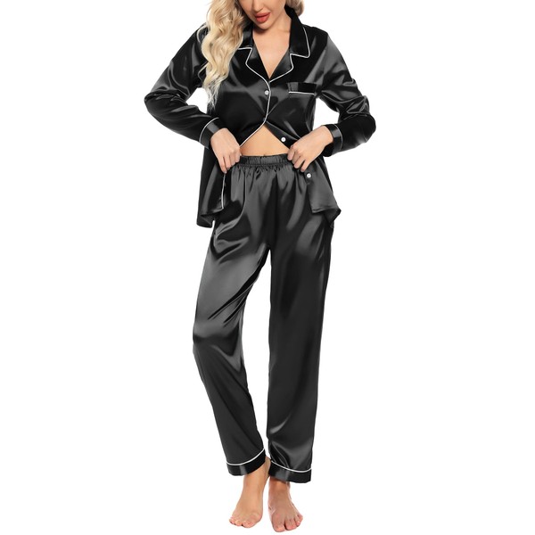 Pjmlifecoco Satin Pajamas for Women Set Silk Pajama Sleepwear Long