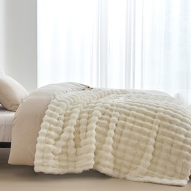 COOVA Faux Rabbit Fur & Flannel Throw Blanket 50x60 Inch - Luxury Fuzzy & Cozy Soft Blanket for All Seasons, Breathable and Comfortable for Bed, Sofa, Couch, and Camping,Ivory White