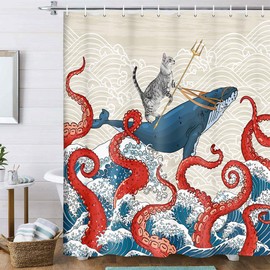 Uokiuki Funny Cat Whale Shower Curtain, Red Kraken Octopus Japanese Ocean Wave with Chinese Auspicious Clouds Shower Curtain with Hooks, Fun Animal Nautical Fabric Bathroom Curtain 69W X 70L Inch