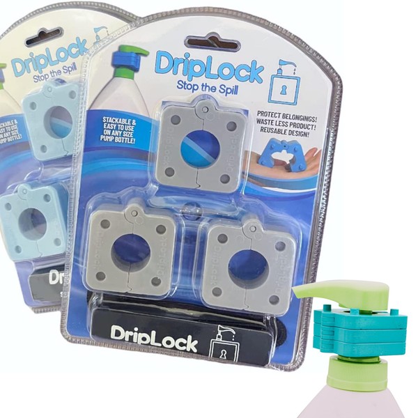 DripLock Reusable Stackable Device to Prevent Pump Bottles from Spilling in Travel Bags Or for Quanity Control. 5 Pack and Travel Bag Included. Great for Any Type of Travel. (Light Blue)