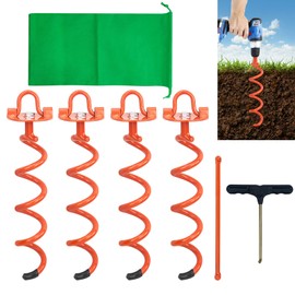 MIXXIDEA 10.6 Inch Orange Folding Ring Spiral Ground Anchors Metal Ground Stakes Dog Tie Out Stake Spiraling Anchor Trampoline Anchors for Tent (4pk)