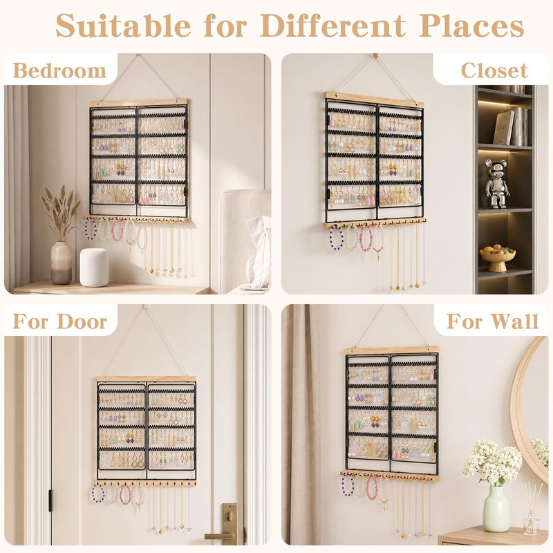 Hanging Jewelry Organizer 4-Tier Wall Earring Holder for Necklaces, Rings