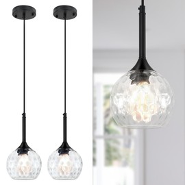 JHLBYL 2 Pack Glass Pendant Light fixtures, 6'' Kitchen Pendant Lights Black Pendant Light with Hammered Glass Pendant Lights Kitchen Island Over Sink Dining Room