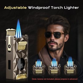All-in-one Butane Torch Lighter with Cutter, Punch, Holder, Draw Enhancer Tool, and Triple Windproof Flame, Refillable Butane Lighters with Gift Box for Men, Cool Lighters for Outdoor, Candle