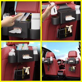 Guosan car headrest backseat organizer with 2 Drink Cup Holder Tissue Box and Storage Box Hook Multi-functional Storage for Kids and Adults Multifunctional (Special paper towels are required) BLACK