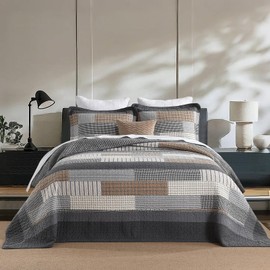 QuiltMuse Cotton Bedspread King Size 120x120 - Soft Lightweight Oversized King Quilt with 2 Pillowshams, Farmhouse Reversible Striped Quilted Bedding Set Bed Cover Coverlet, White/Gray/Beige