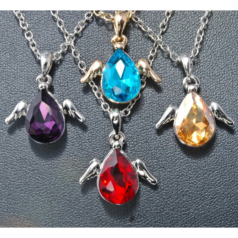 Birthstone Necklace with Tear Drop Shape Pendant with Angel Wings