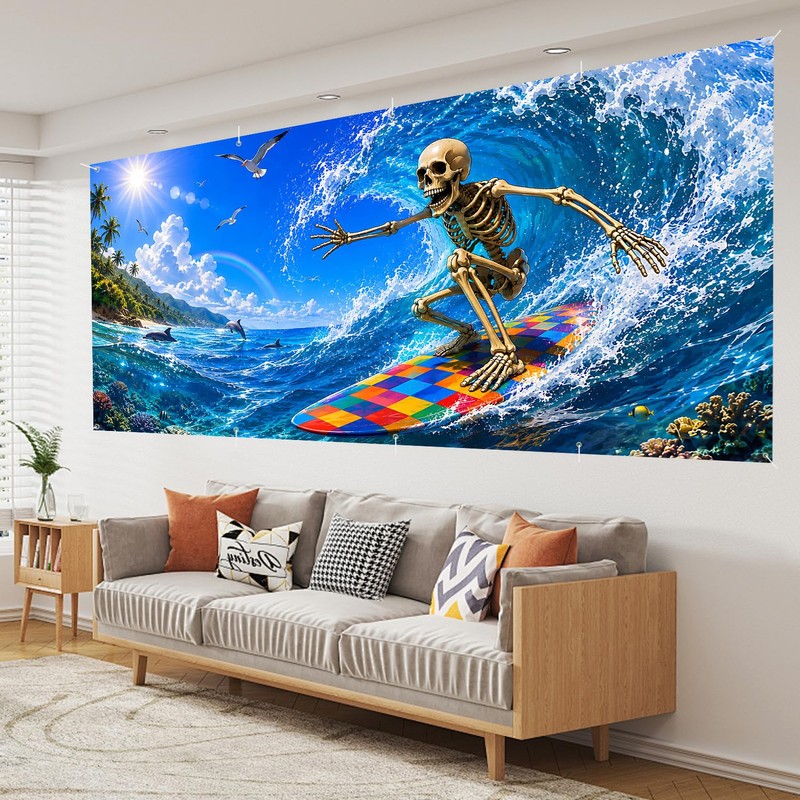 Summer Halloween Garage Door Cover, 16x7 Ft Surfing Skeleton Banner